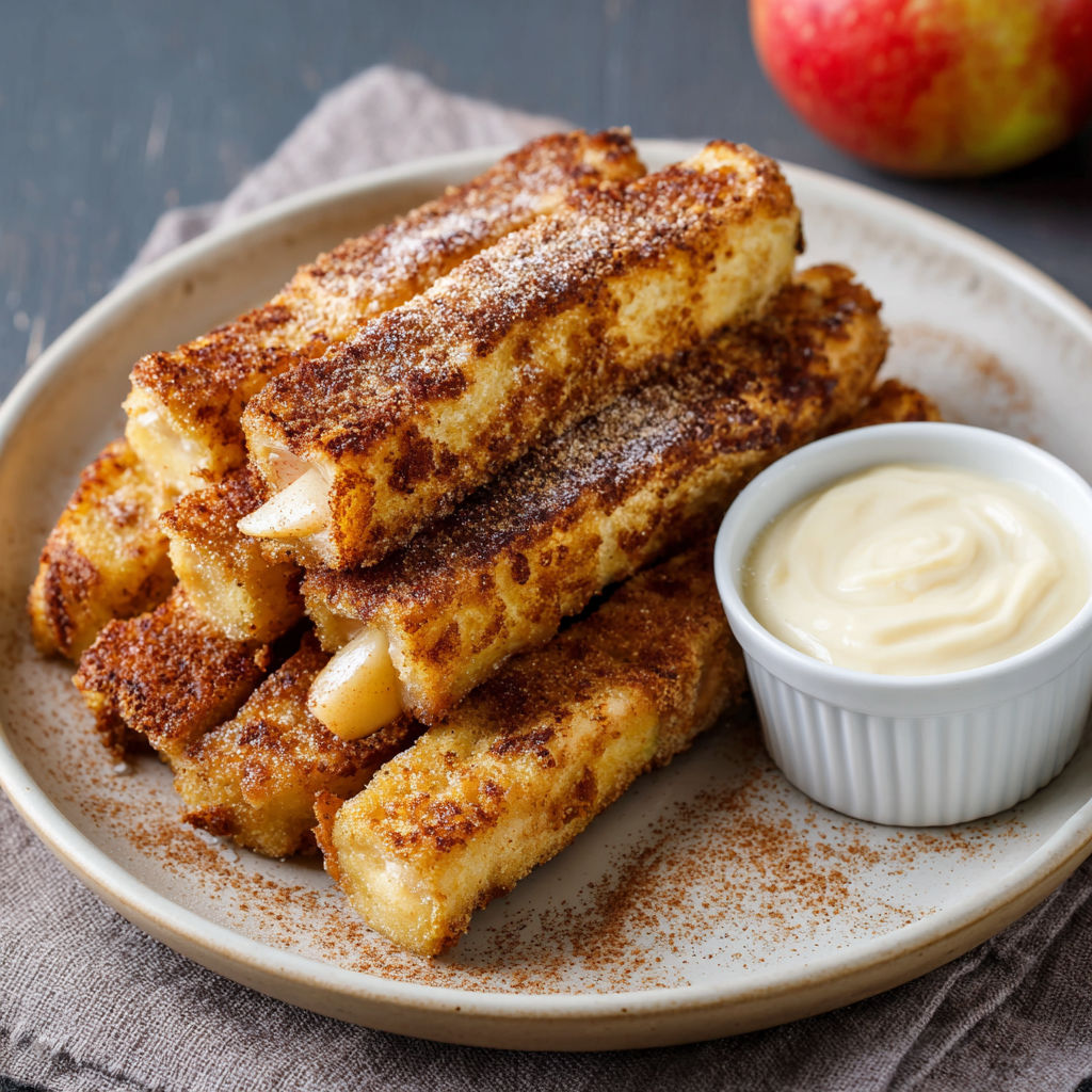 French toast sticks in a bowl with a white sauce.