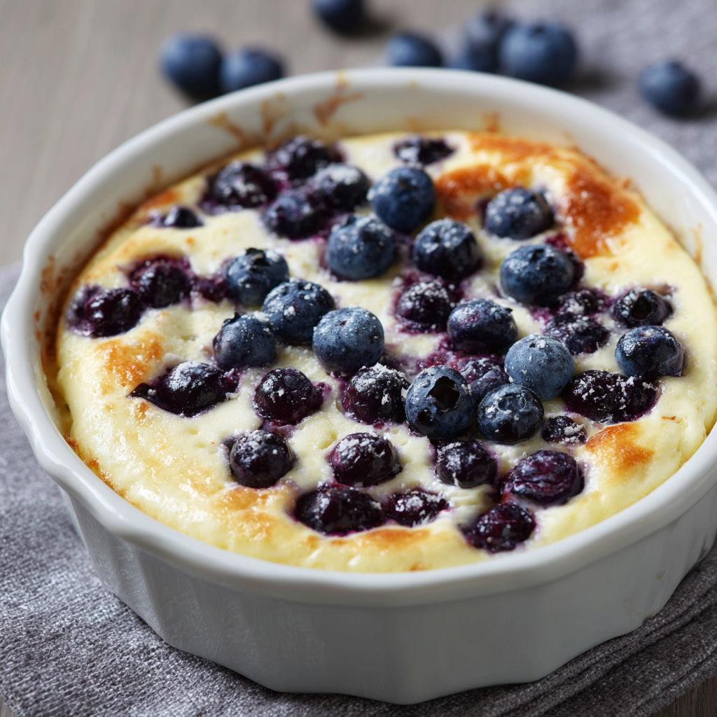 A bowl of low carb quarkauflauf with blueberries on top.