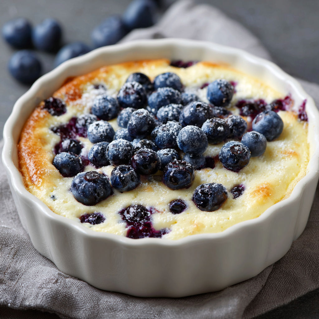 A low carb quarkauflauf with blueberries on top.