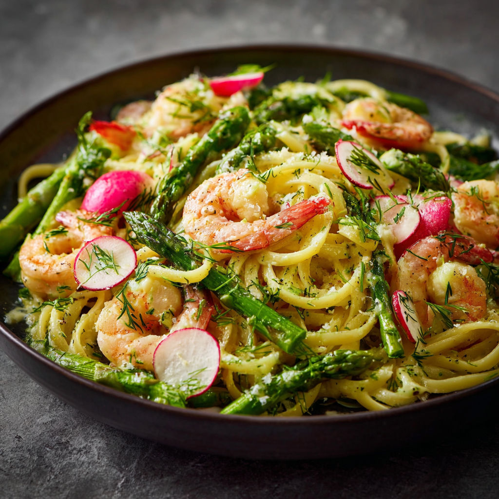 A bowl of linguine with shrimp, asparagus, and grapefruit-lime sauce.