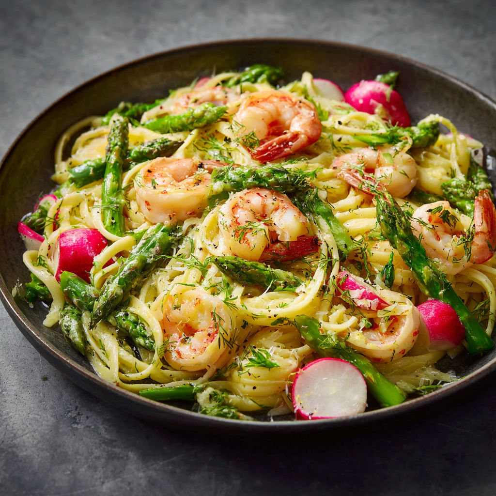 A plate of linguine with shrimp and asparagus.