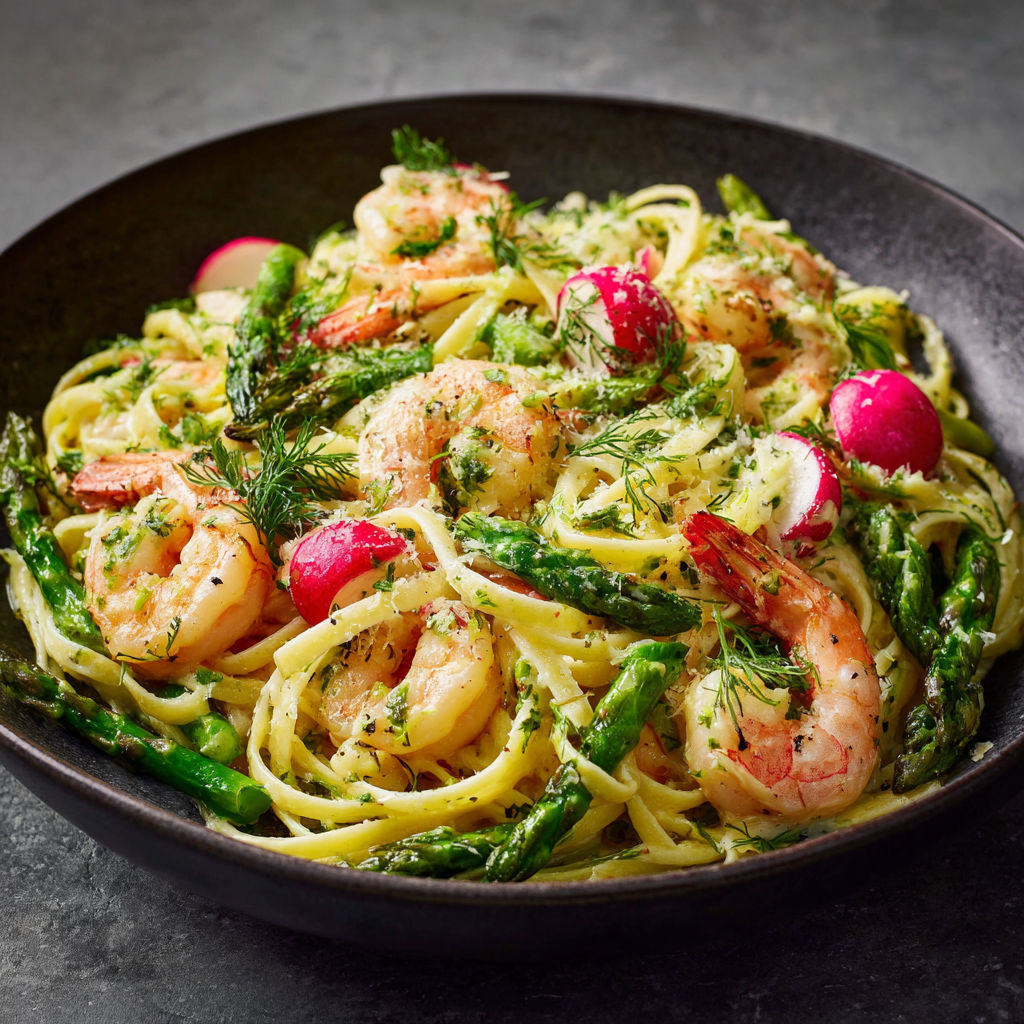 A bowl of linguine with shrimp and asparagus.