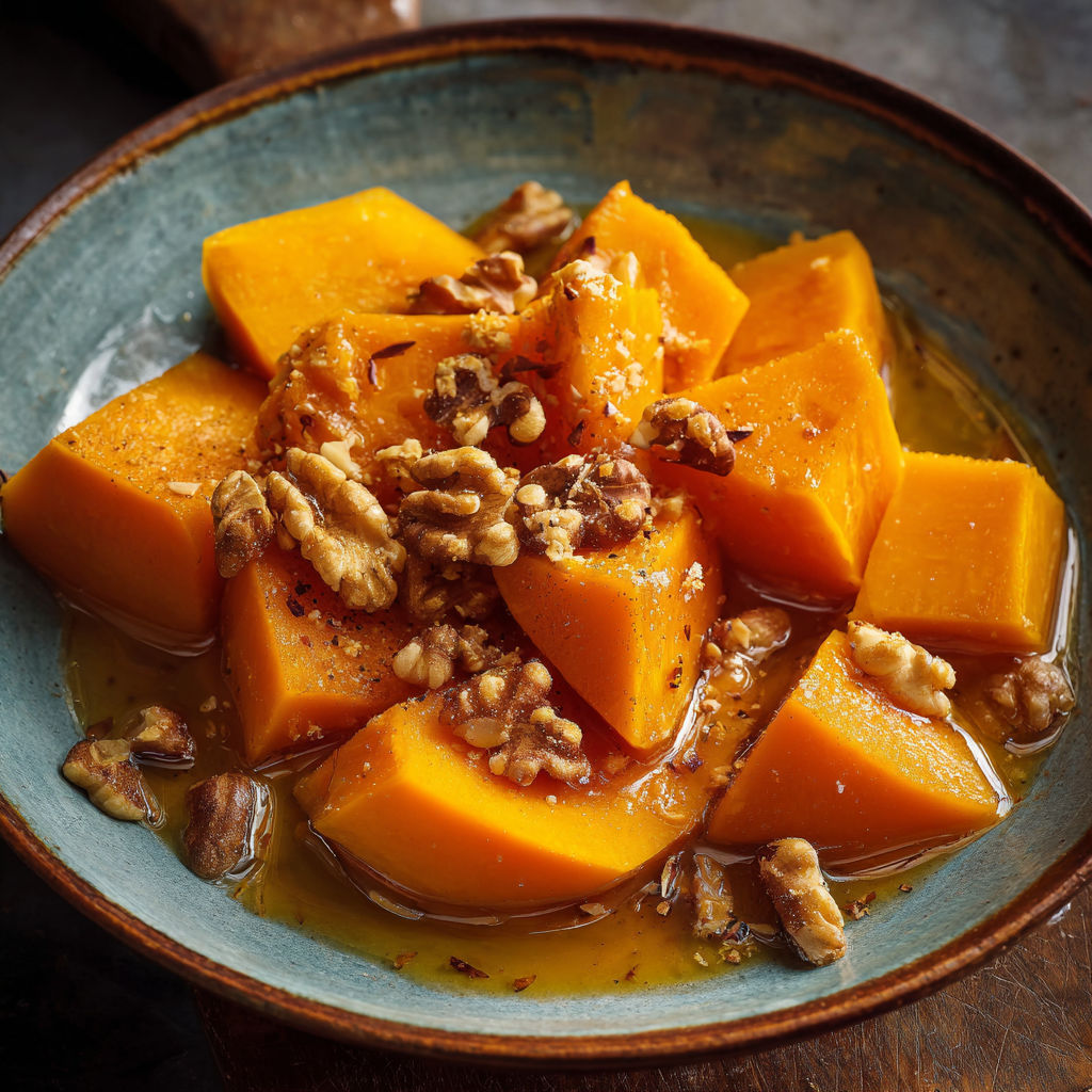A bowl of sliced pumpkin with walnuts and tahini.