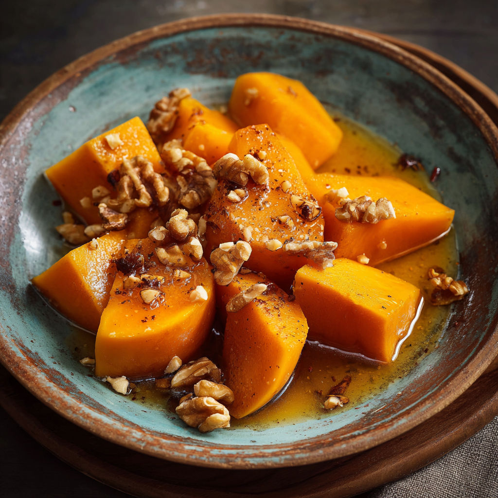 A plate of food with a slice of pumpkin and walnuts.