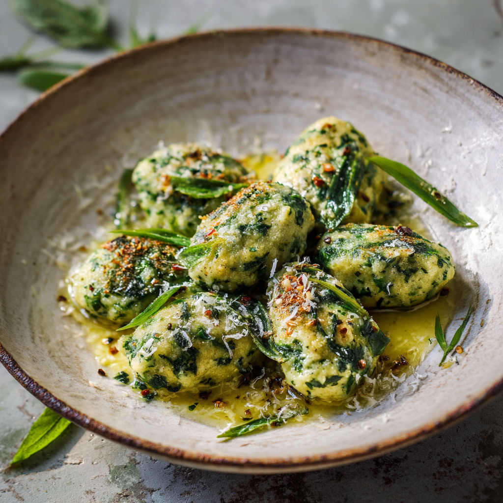 A bowl of food with a green sauce.