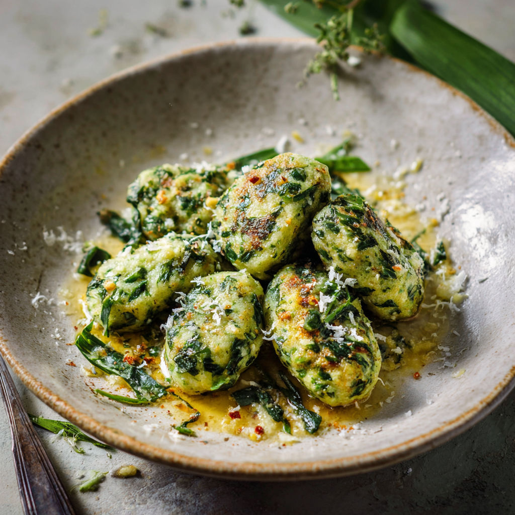 A bowl of food with a green sauce.