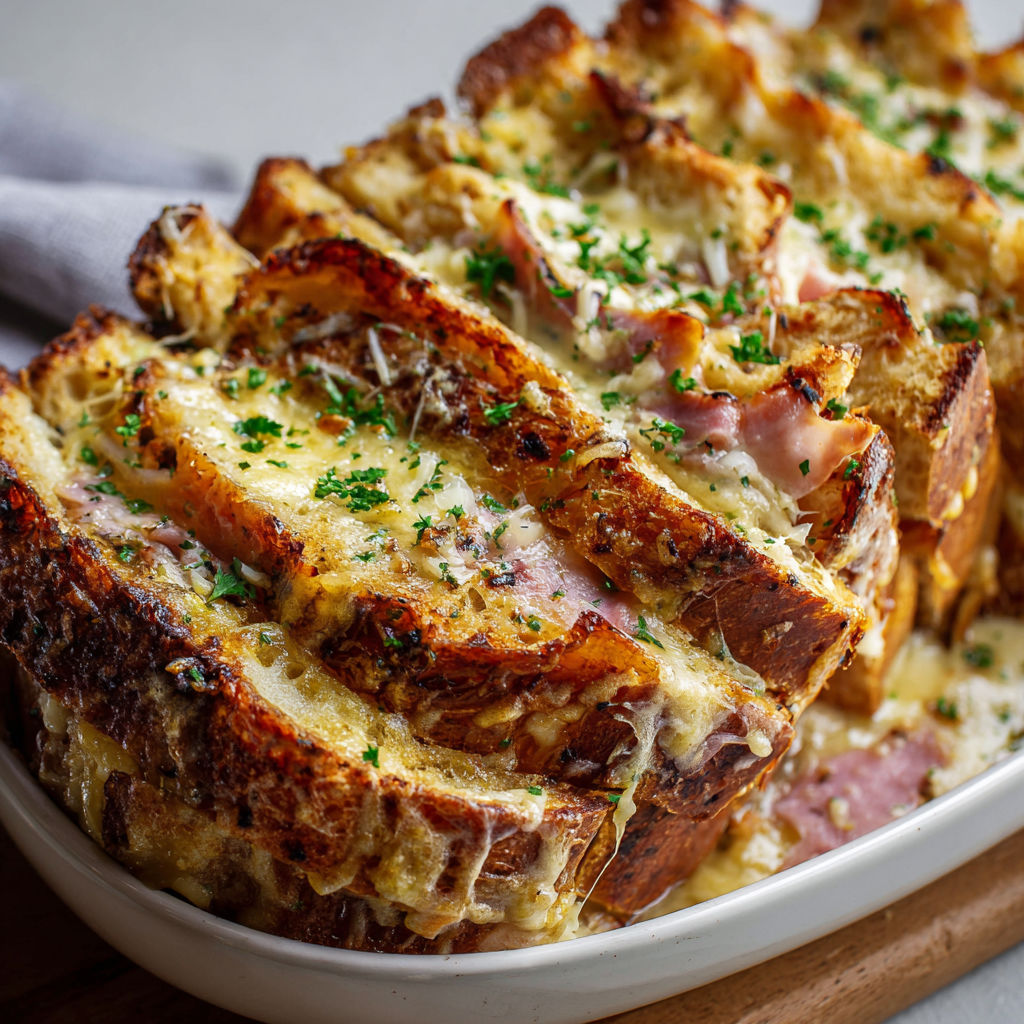 A plate of toast with cheese and herbs.