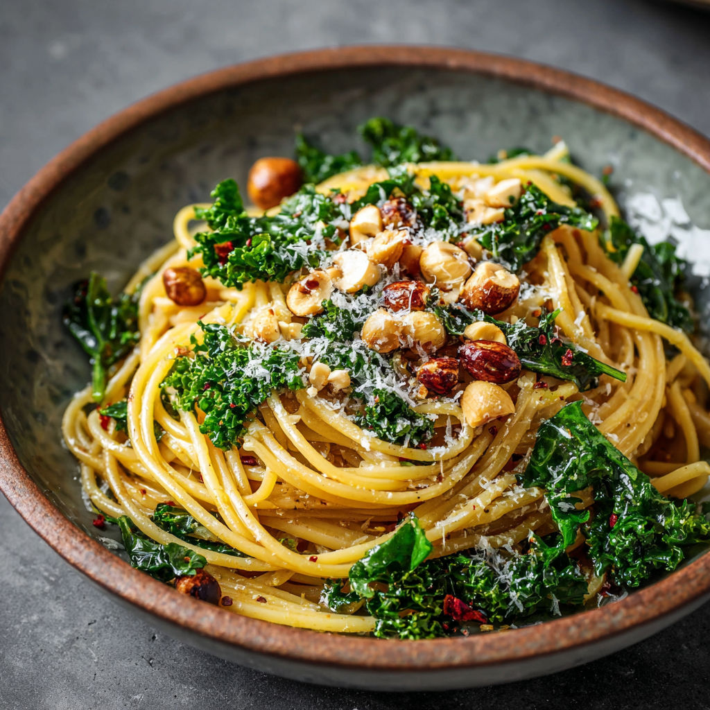 A bowl of pasta with nuts and greens.