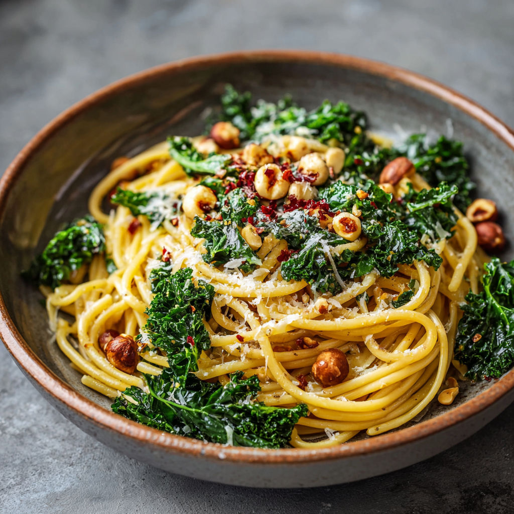 A bowl of pasta with spinach, nuts, and broccoli.