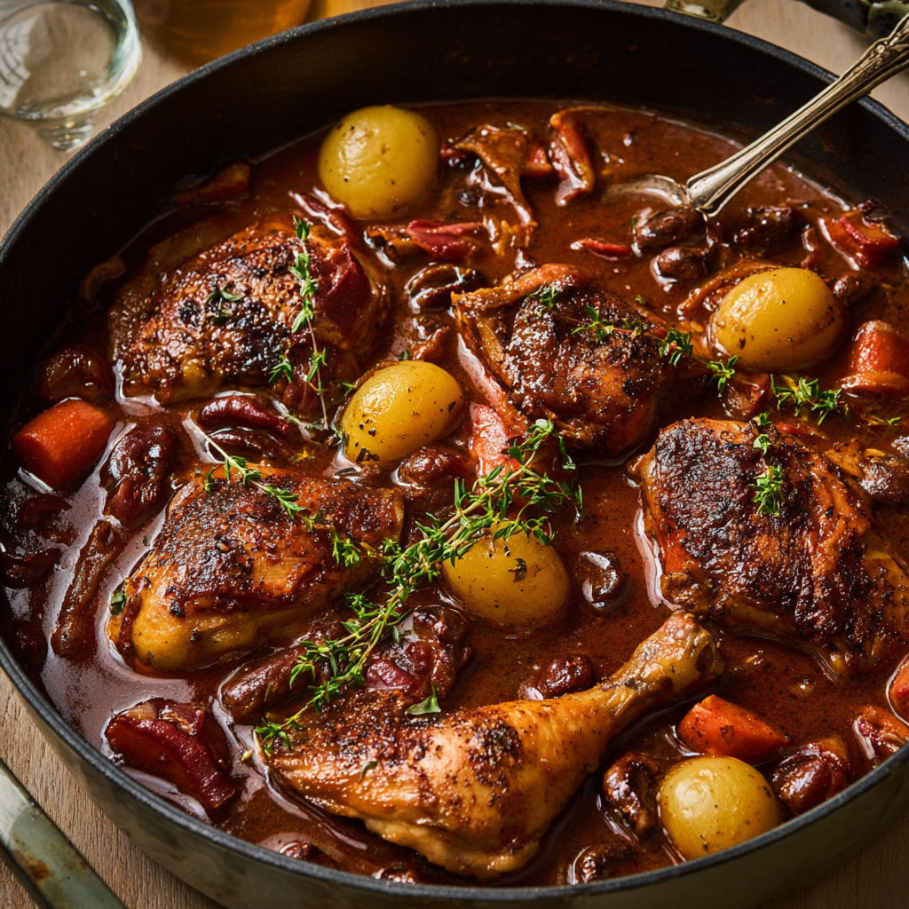 A pan of chicken and vegetables.