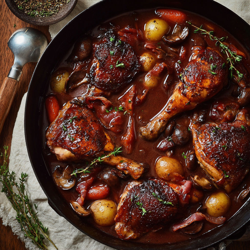 A pan of chicken and potatoes with a spoon.