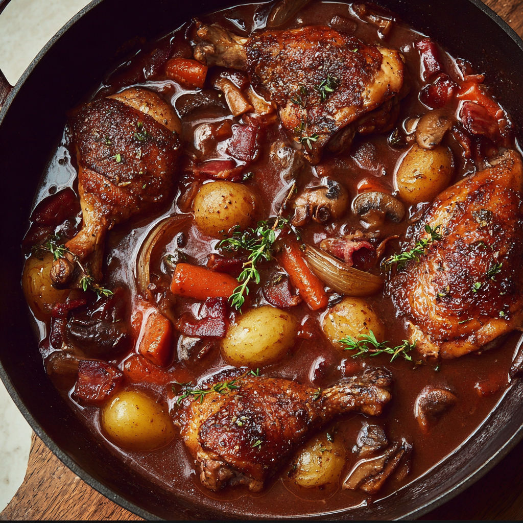 A pan of chicken with mushrooms and potatoes.