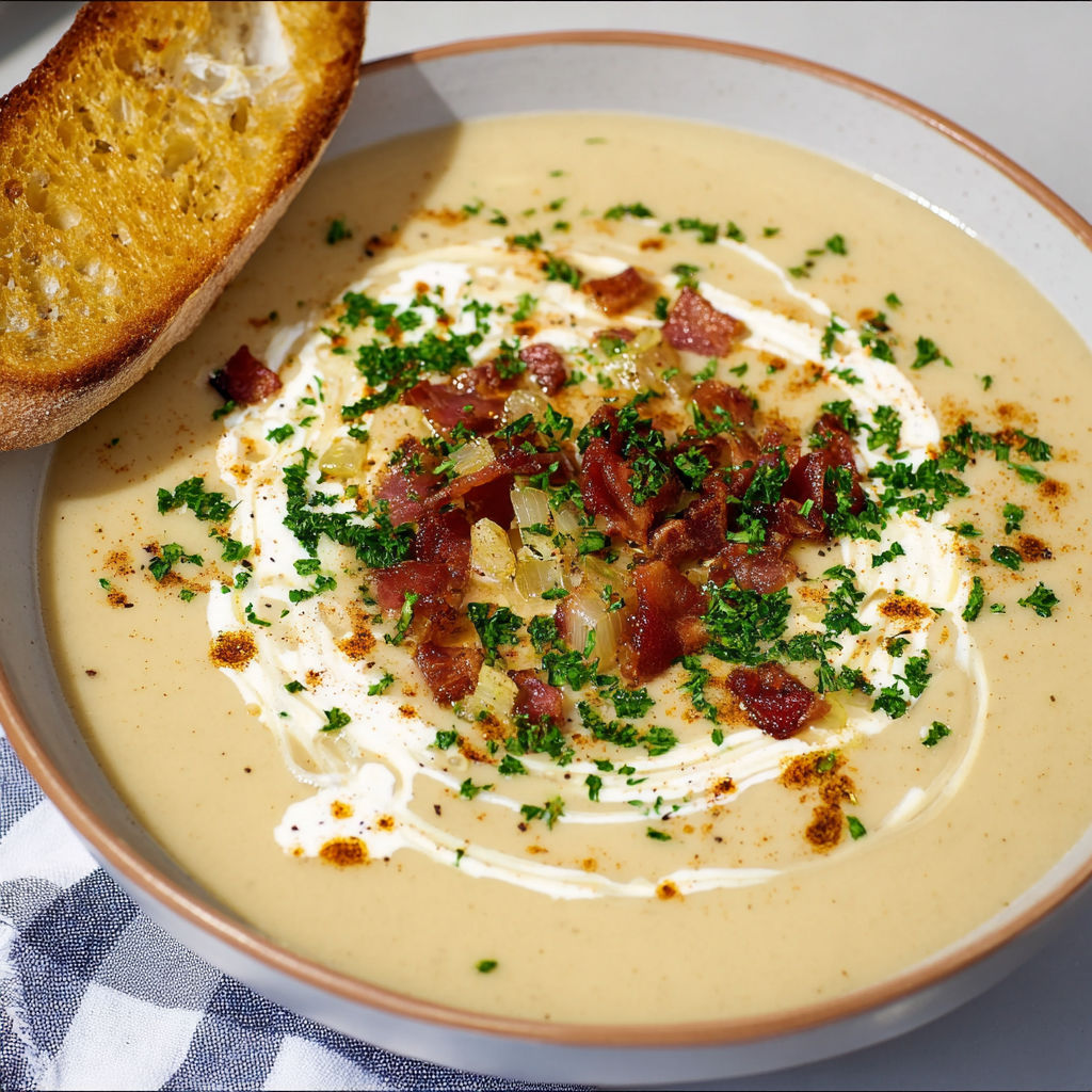 A bowl of soup with bacon and herbs.