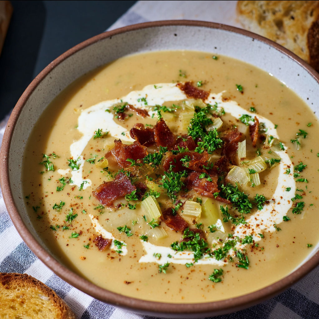A bowl of soup with bacon and herbs.