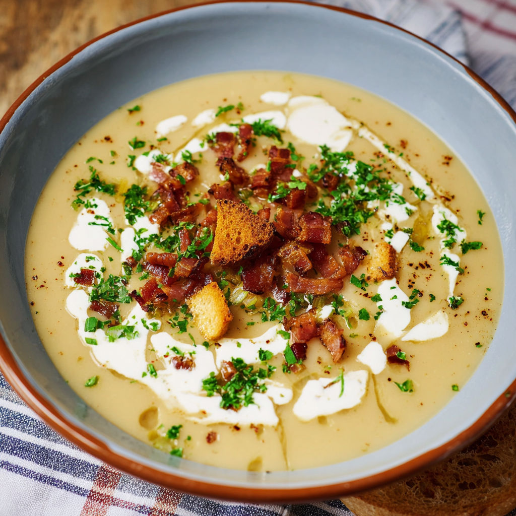 A bowl of soup with bacon and herbs.