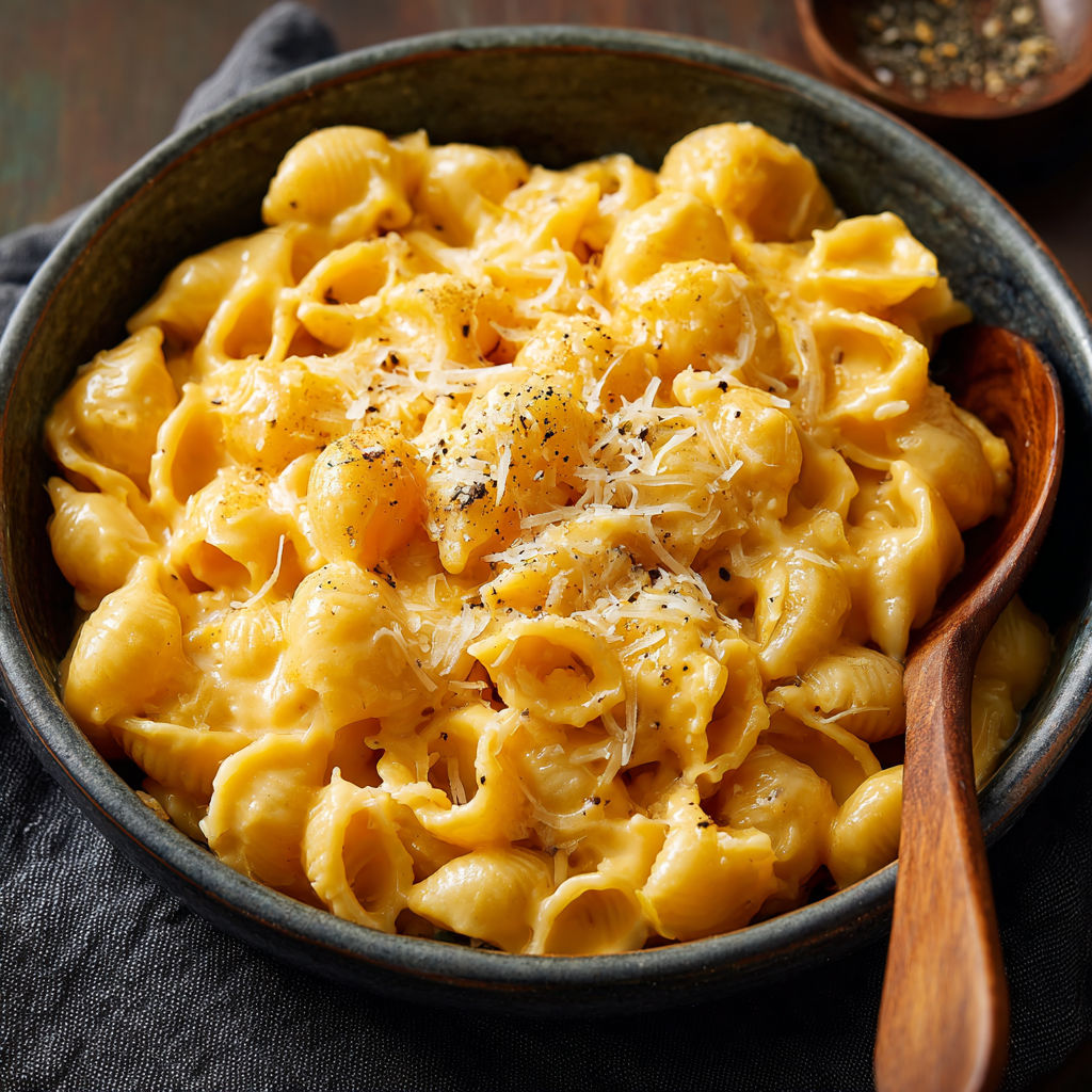 A bowl of macaroni and cheese with grated cheese on top.