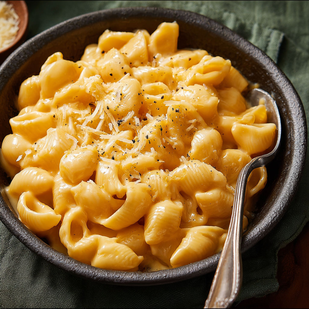 A bowl of macaroni and cheese with a spoon in it.