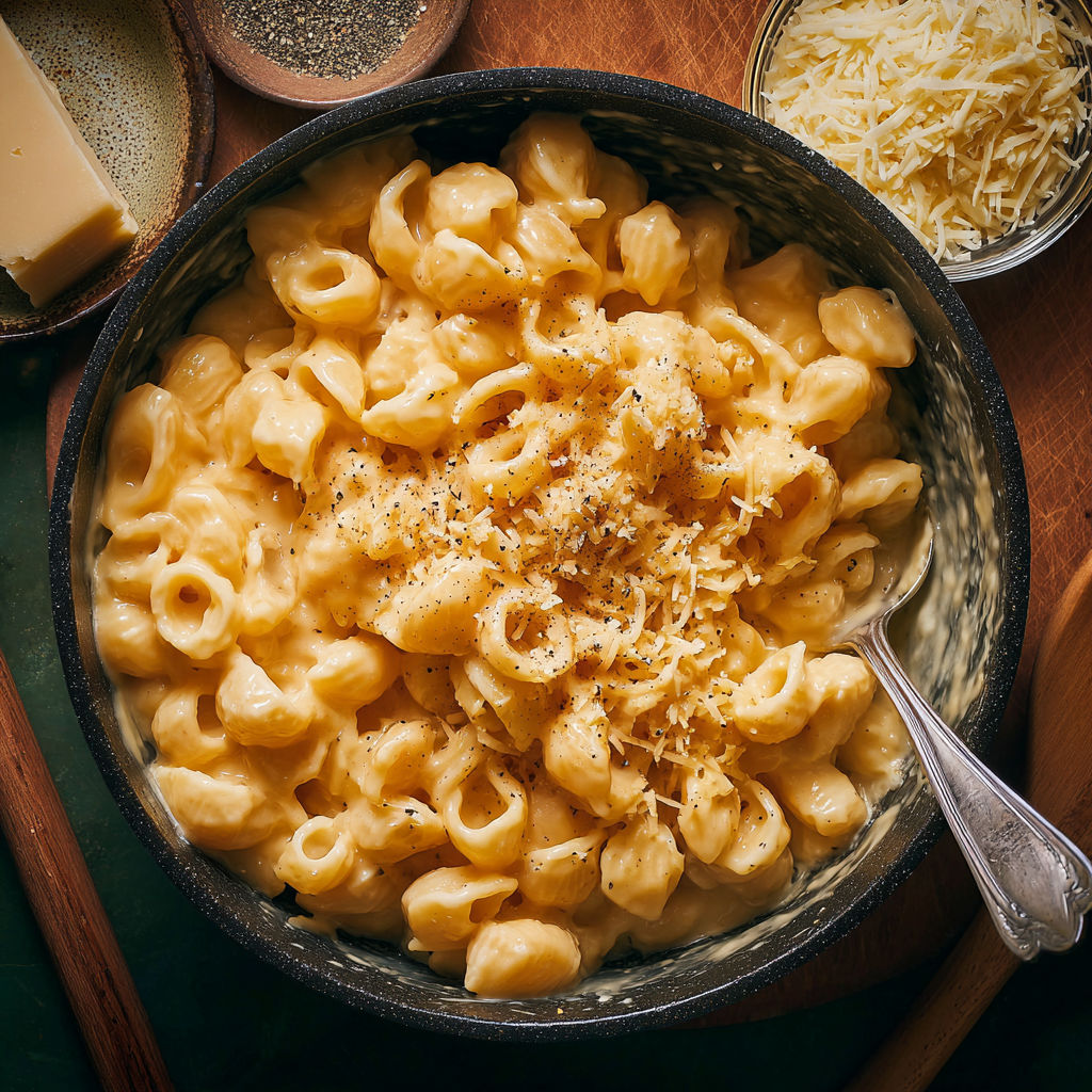 A bowl of macaroni and cheese with cheese on top.
