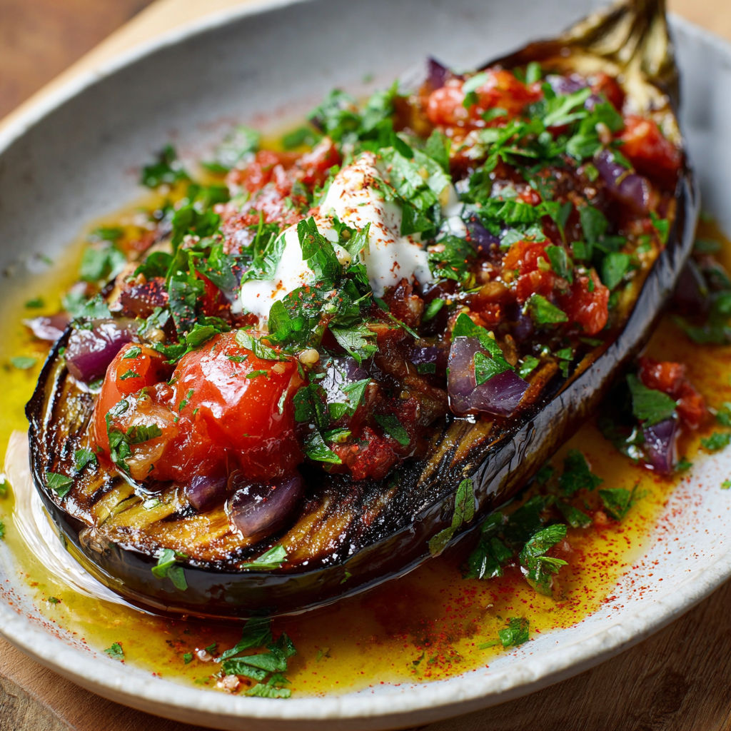 A plate of food with a baked eggplant and tomatoes.
