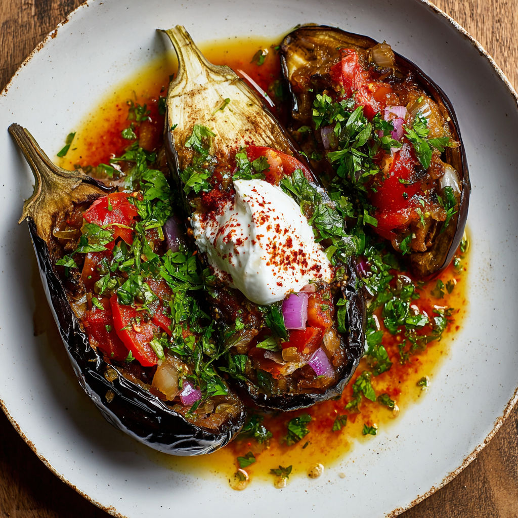 A plate of food with aubergines and tomatoes.