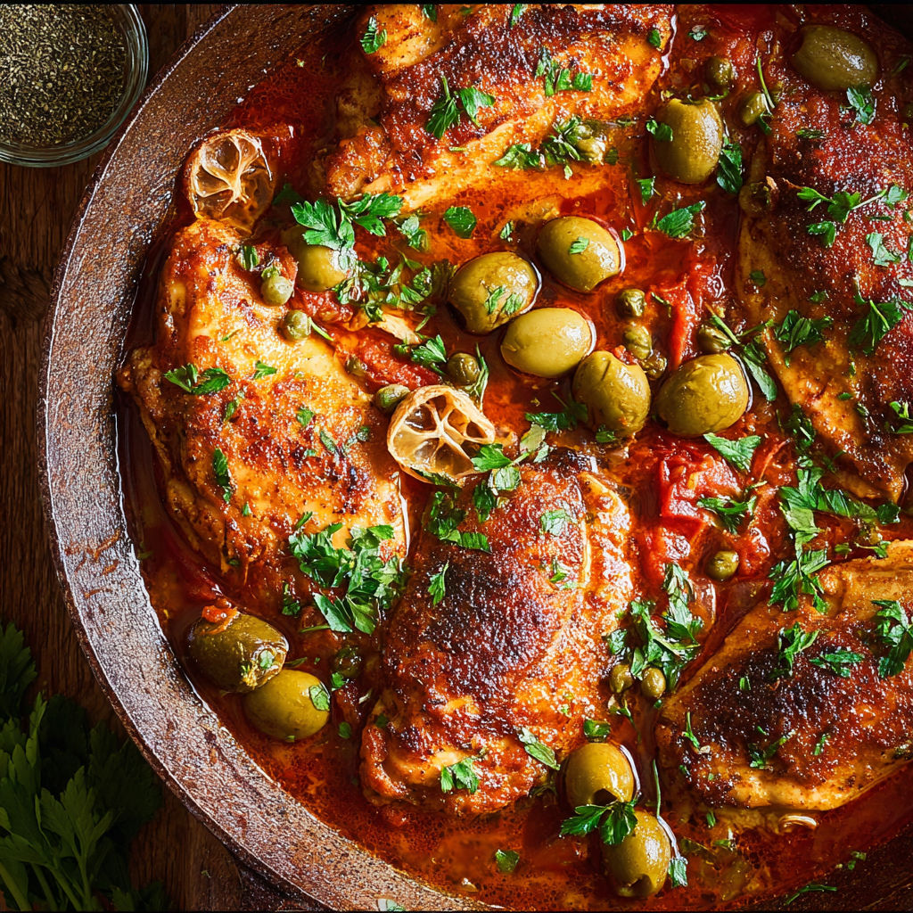 A bowl of food with chicken and olives.