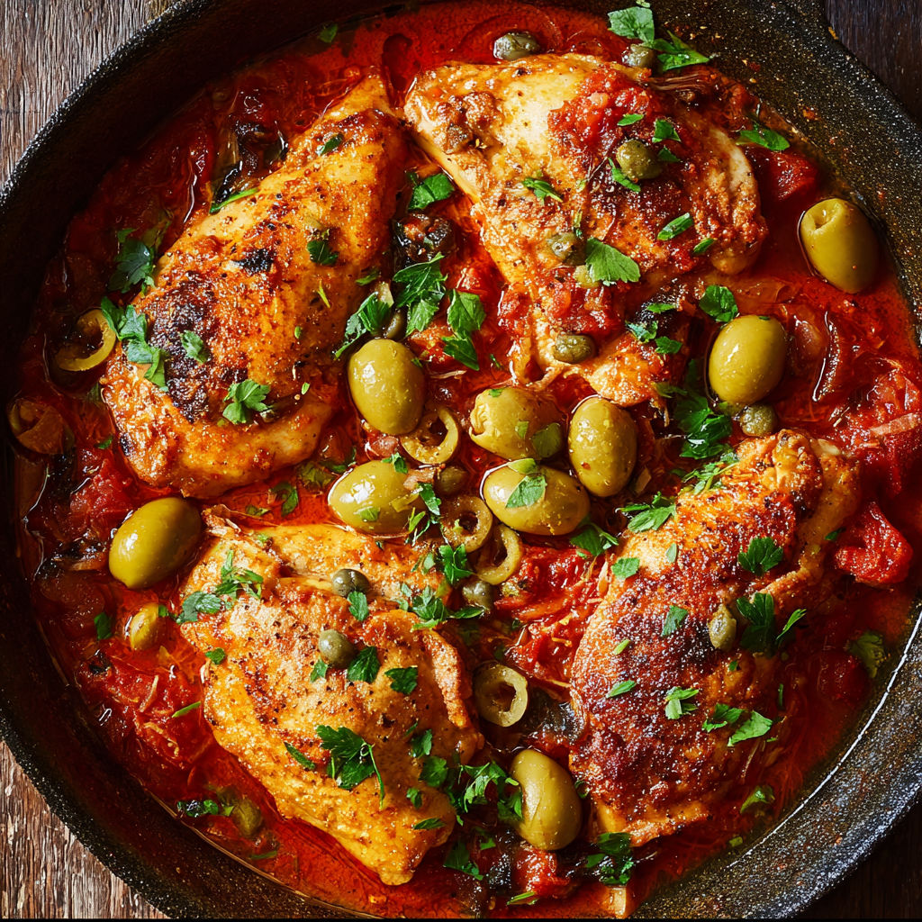 A close up of a dish with chicken and olives.