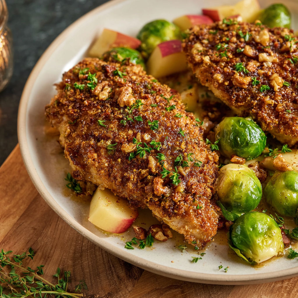 A plate of chicken with a walnut crust and apple slices.