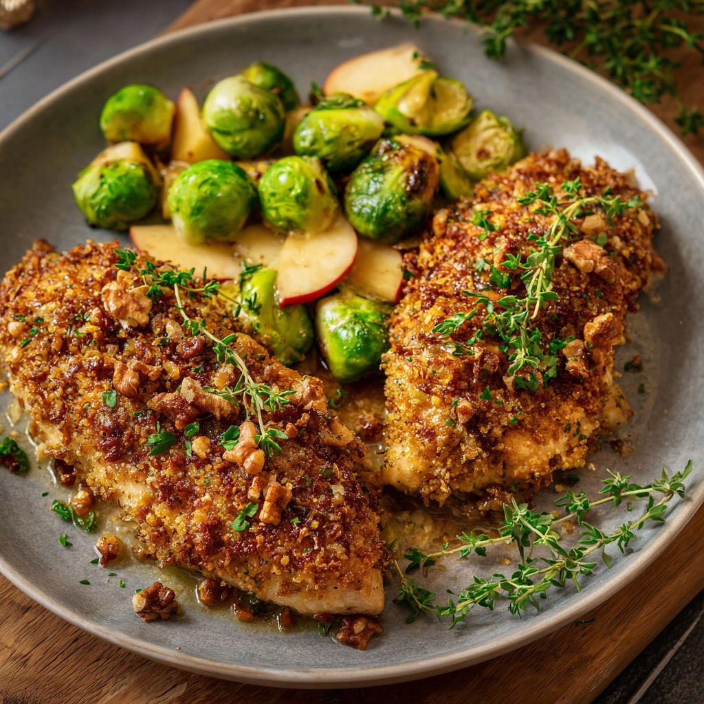 A plate of chicken with a walnut crust and apples.