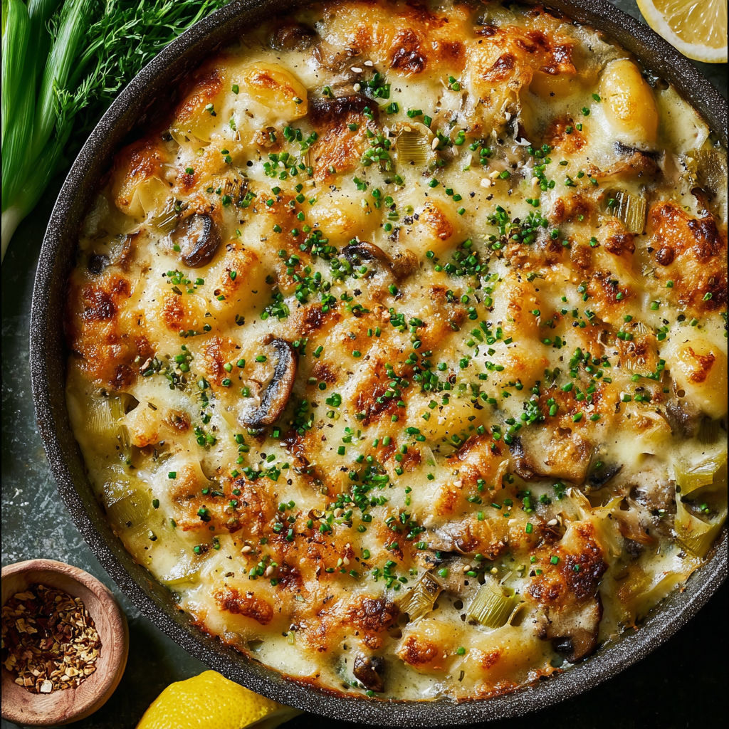 A dish of food with mushrooms and cheese.