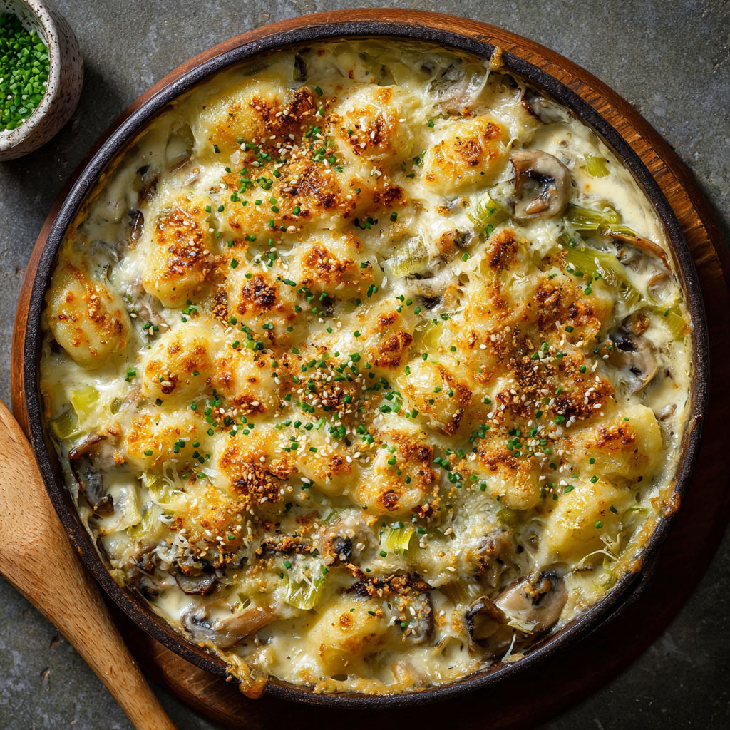 A dish with mushrooms and potatoes.