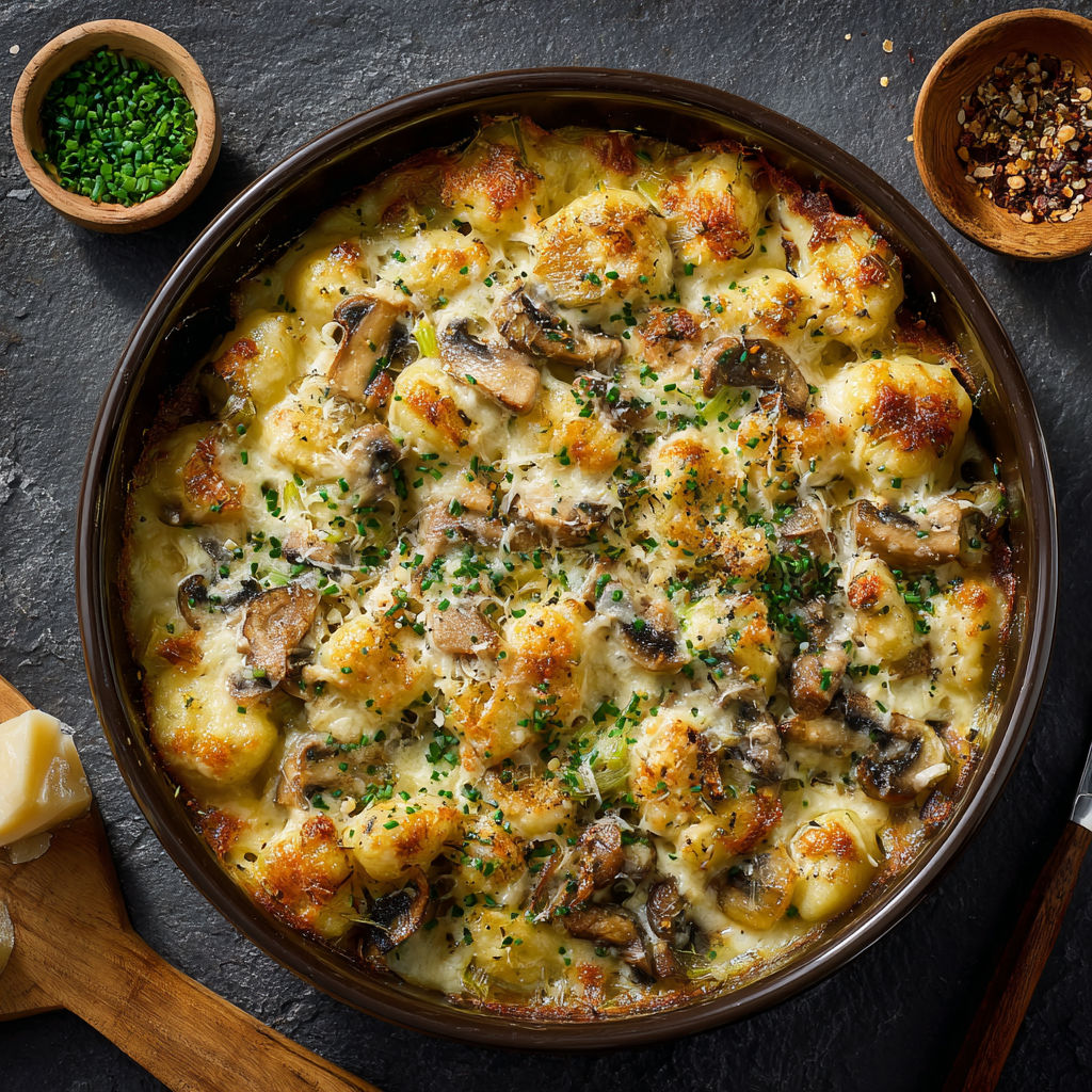 A dish of food with mushrooms and cheese.