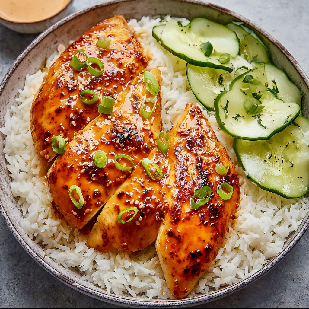 A plate of chicken with rice and cucumbers.