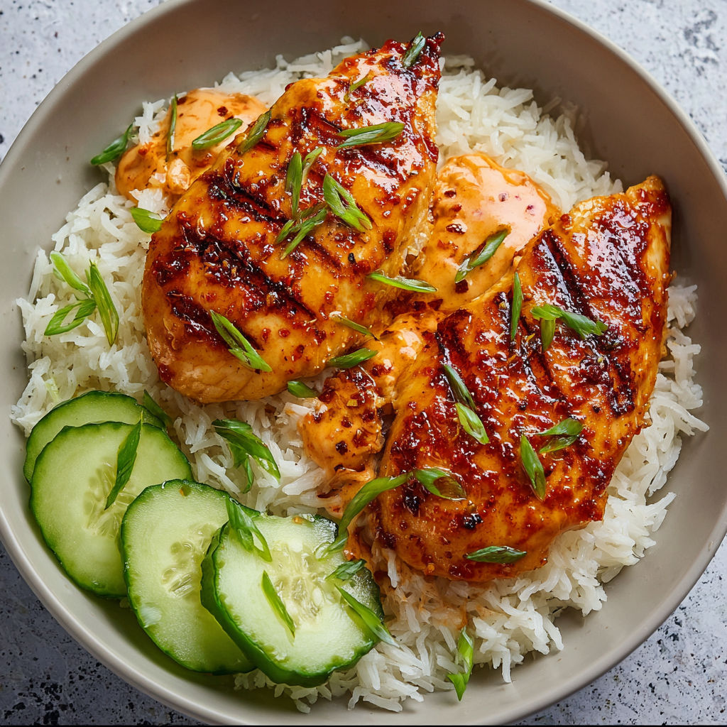 A bowl of chicken with rice and cucumbers.