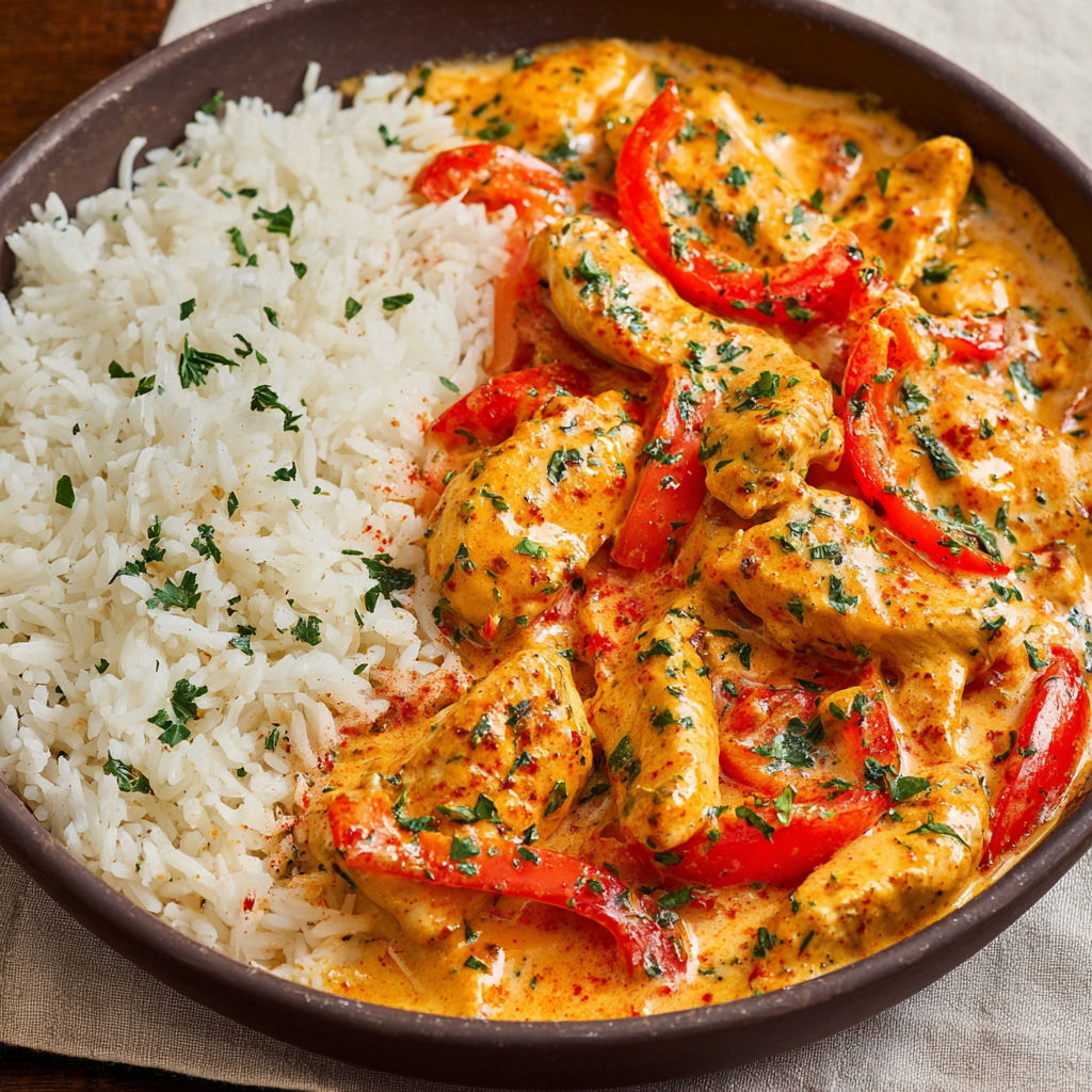 A bowl of chicken and rice with tomatoes and herbs.