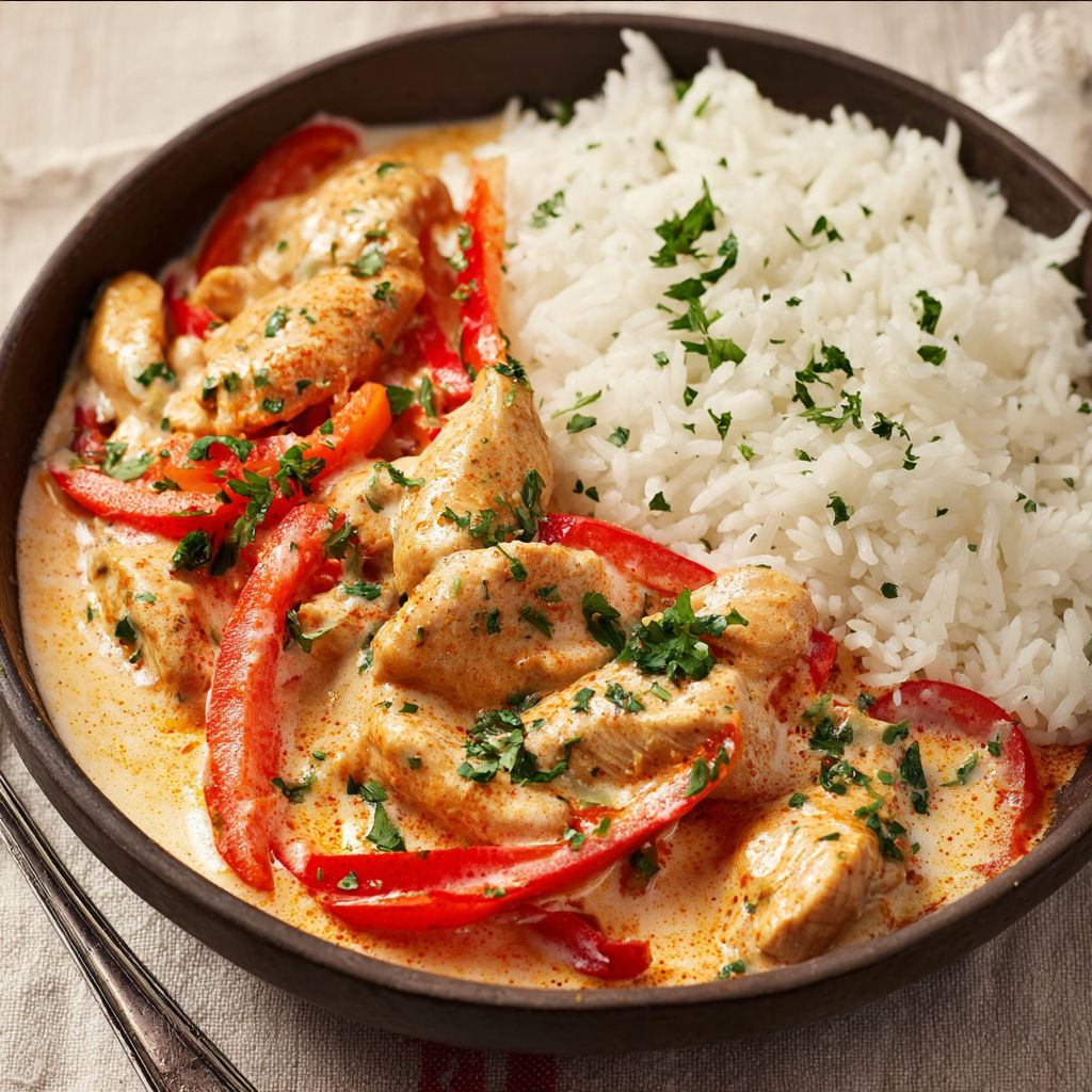 A bowl of food with rice and peppers.