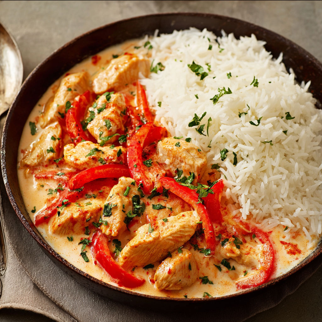 A bowl of rice and chicken.