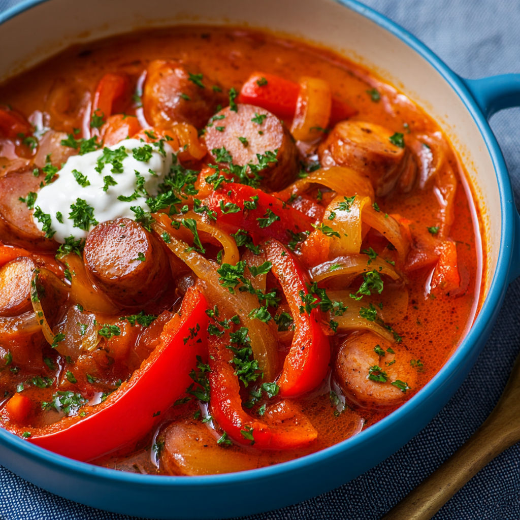 A bowl of goulash with sausage and peppers.