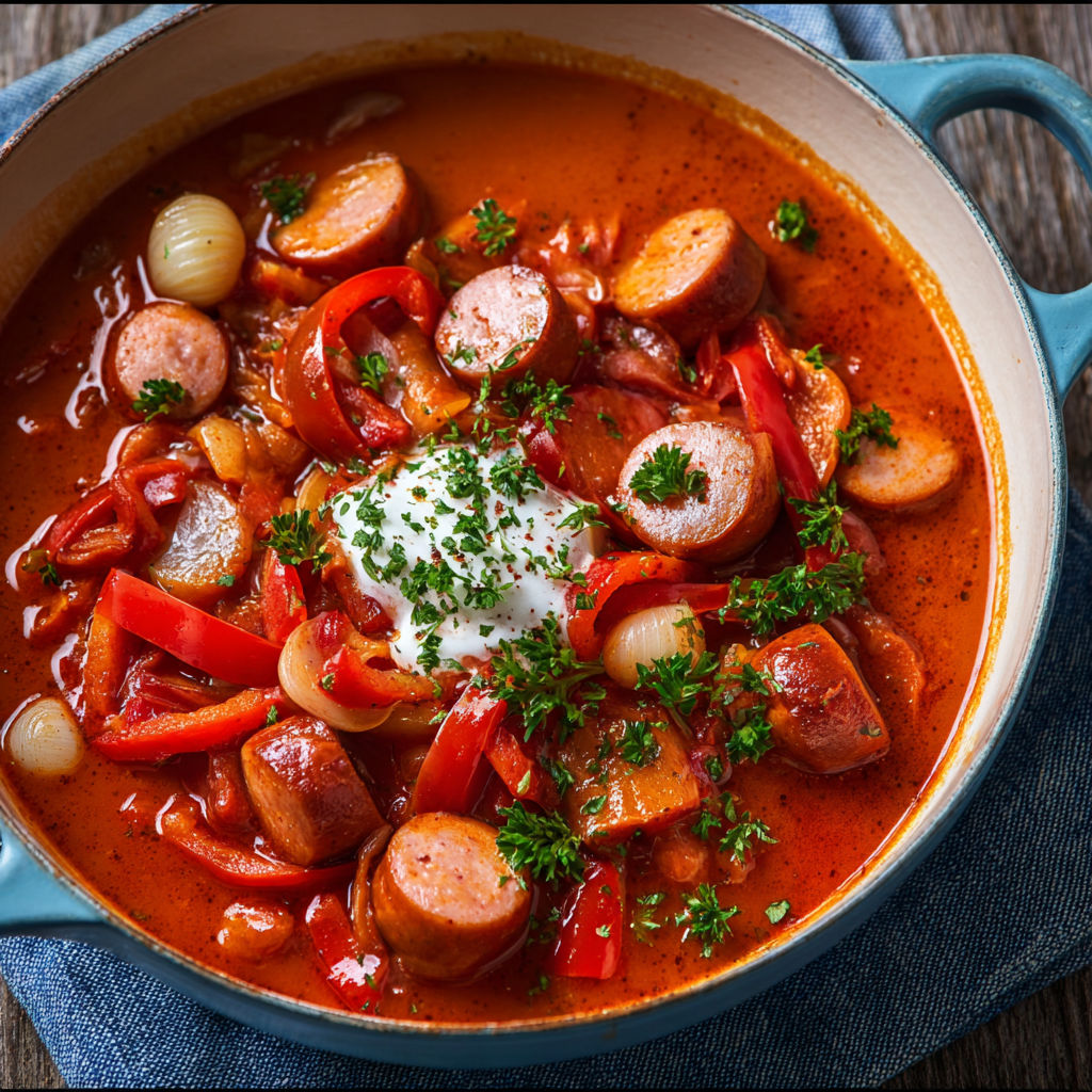 A bowl of hot dog soup with a spoon in it.