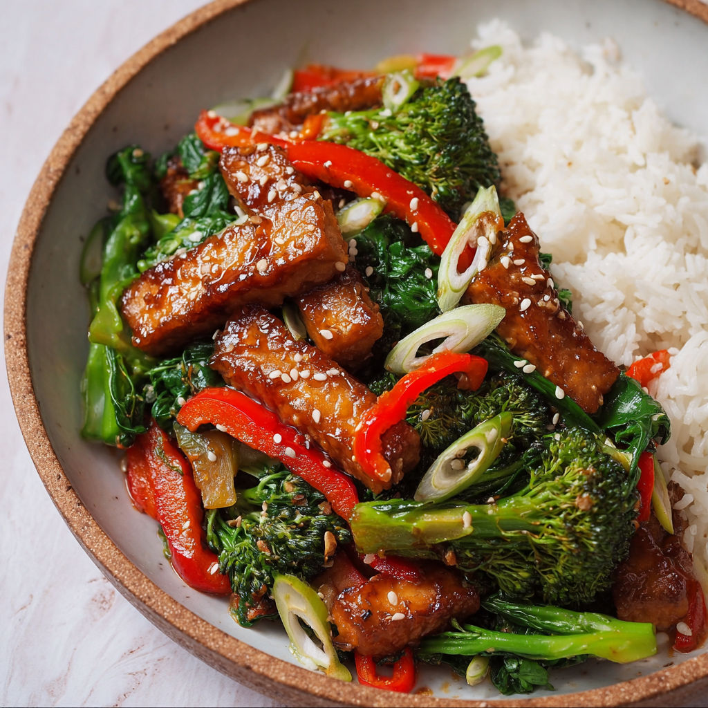 A bowl of stir fry with meat and vegetables.