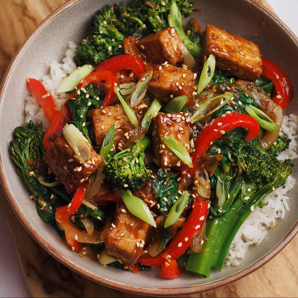 A bowl of stir fry with tofu, broccoli, peppers, and onions.