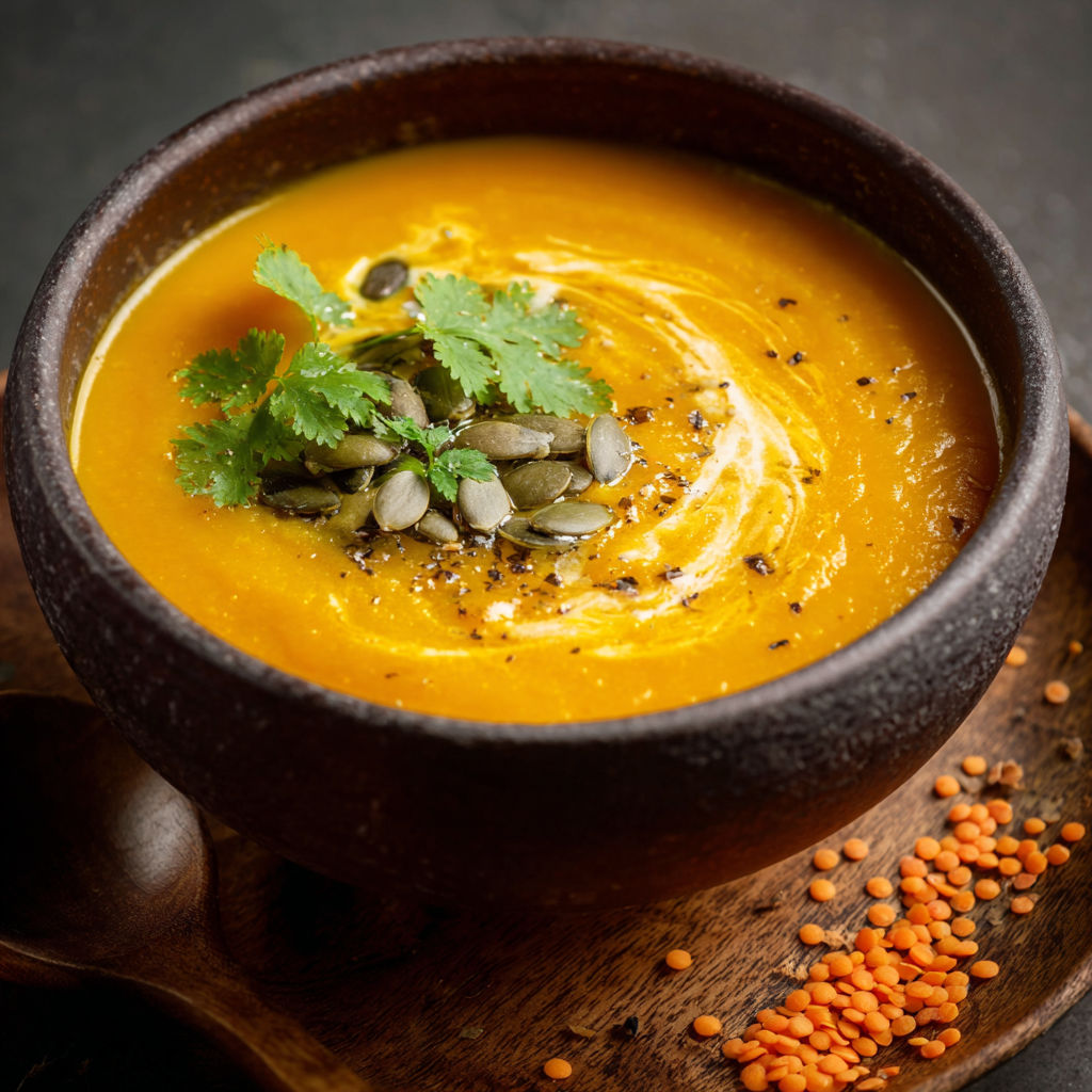 A bowl of soup with seeds and herbs on top.