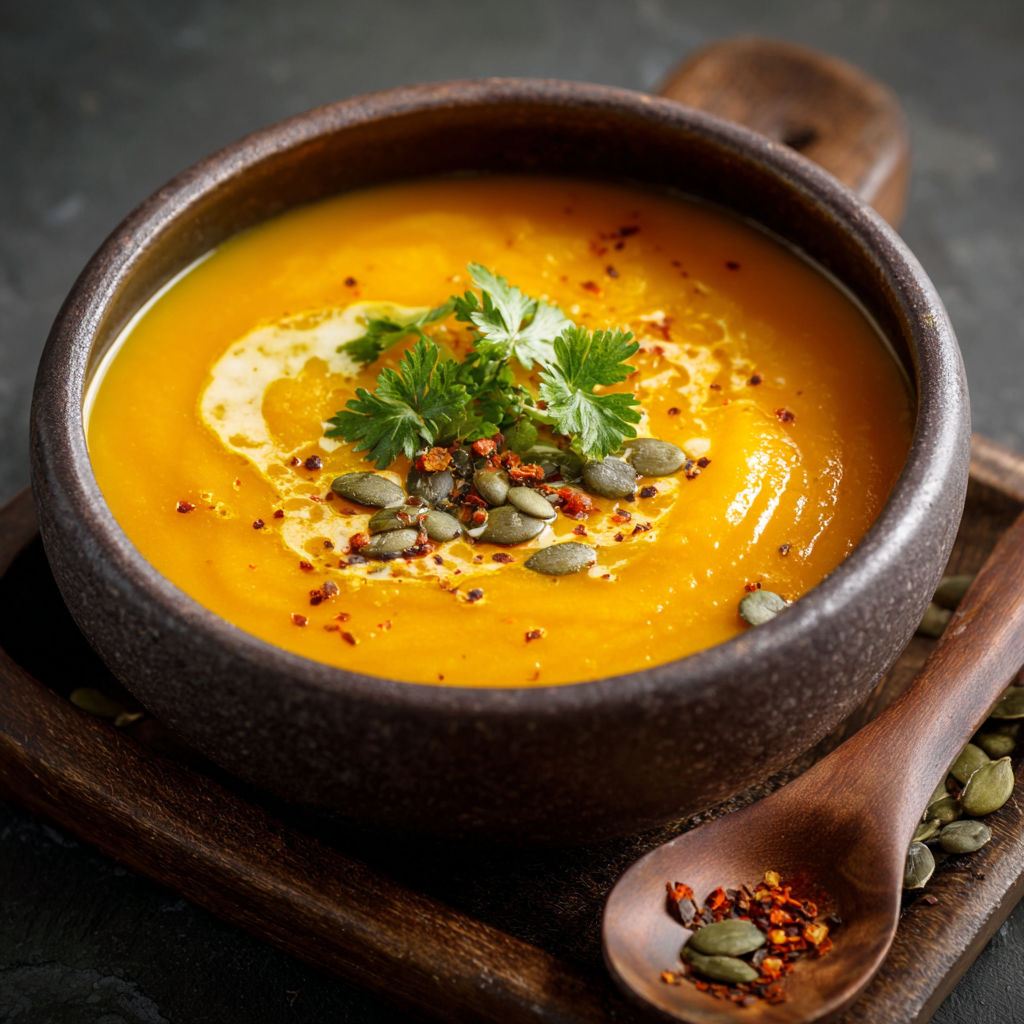 A bowl of soup with a spoon in it.