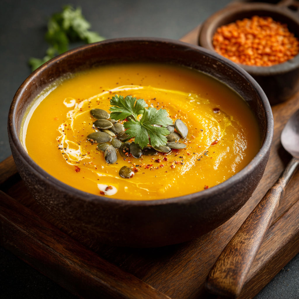 A bowl of soup with a spoon in it.
