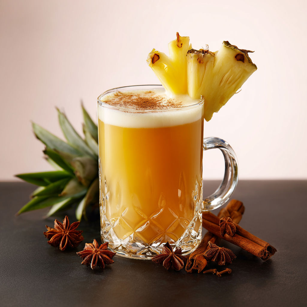 A glass of hot tiki drink with pineapple and cinnamon.