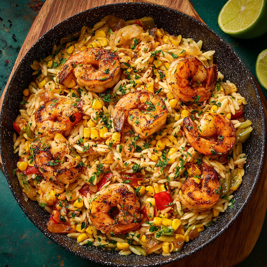 A pan of shrimp and rice with a lime wedge on the side.