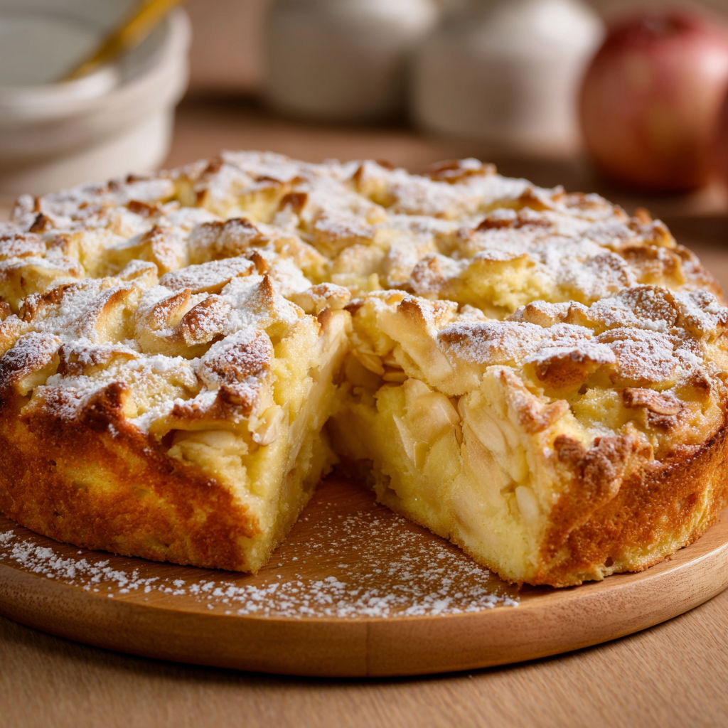 A slice of a fluffy apple pie.