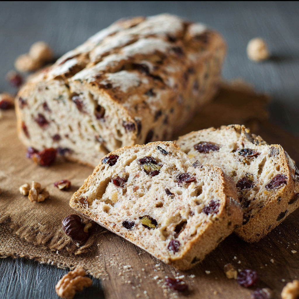 A loaf of bread with raisins and nuts on top.