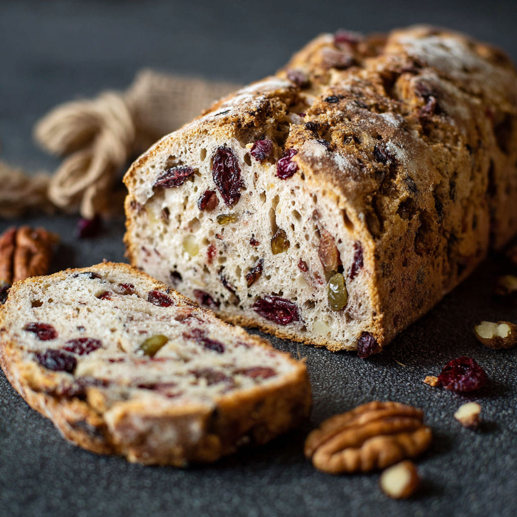 A loaf of bread with raisins and nuts.