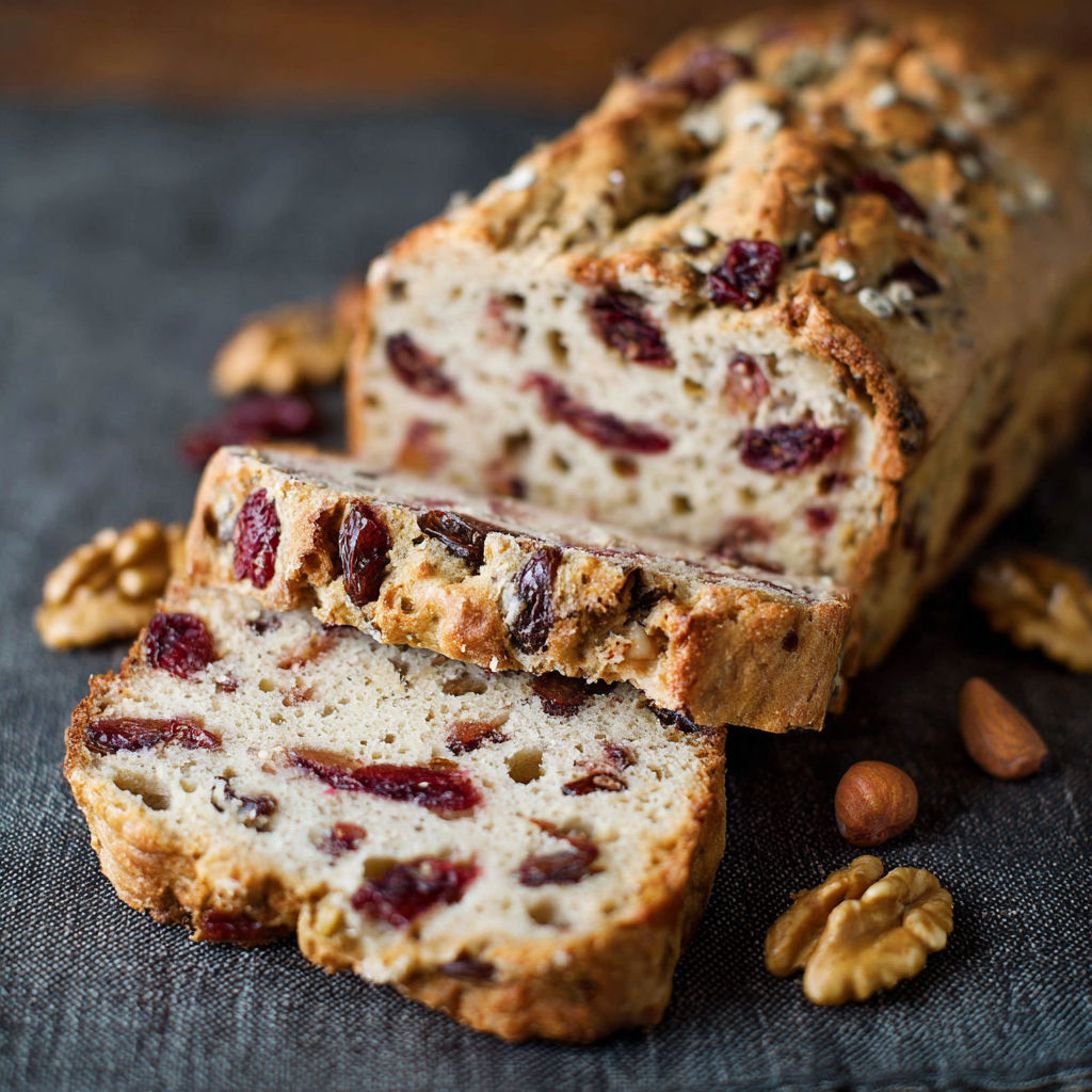 A slice of bread with raisins and nuts on top.