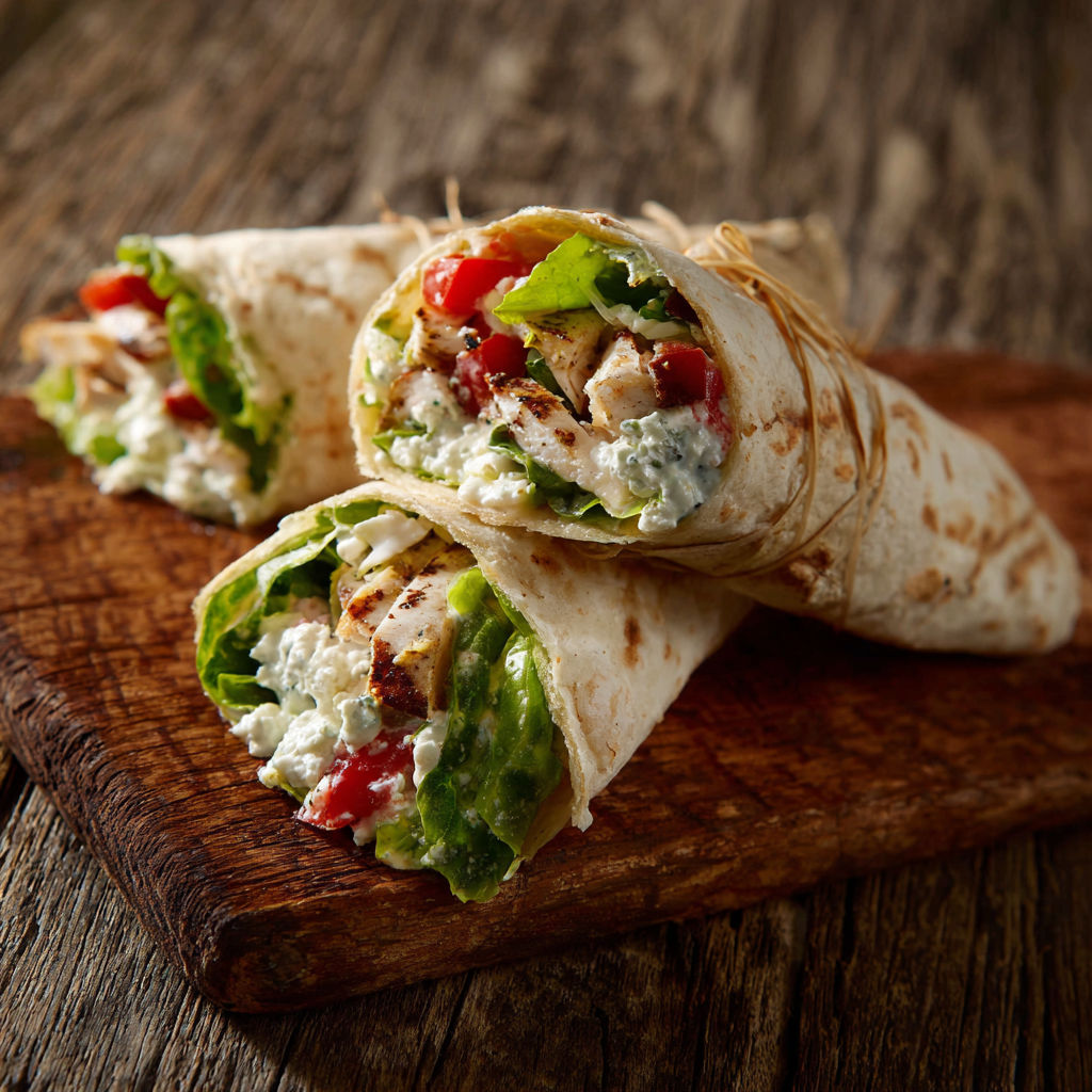 Two wraps with chicken and vegetables on a wooden table.